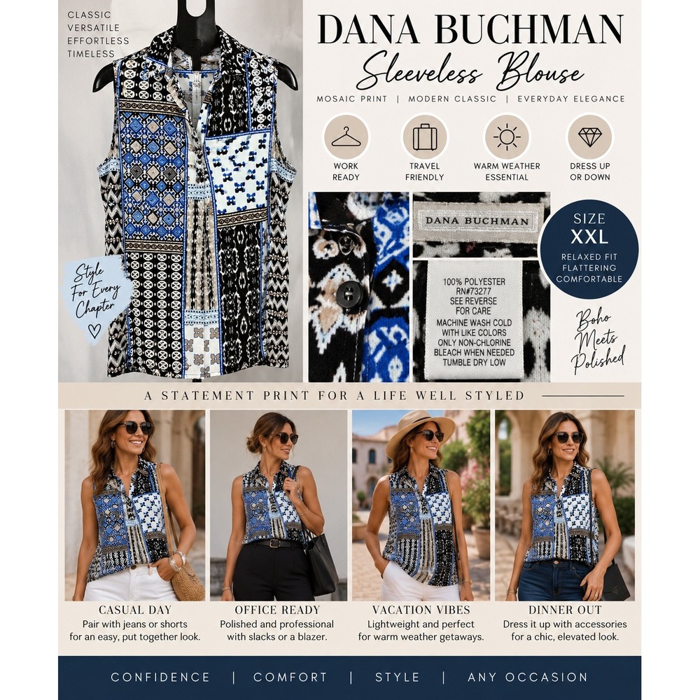 Dana Buchman Womens XXL Sleeveless Blouse Blue Black White Mosaic Patchwork Top